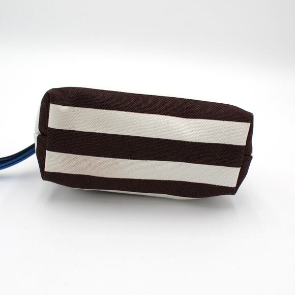 Henri Bendel Cosmetic Bag Brown White Striped Canvas Zip Pouch Travel Makeup - Picture 6 of 8